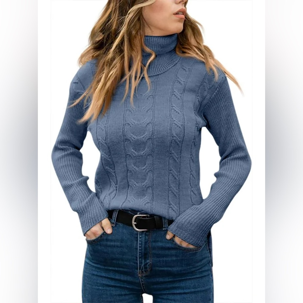 Women's Blue Cable Knit Turtleneck Sweater